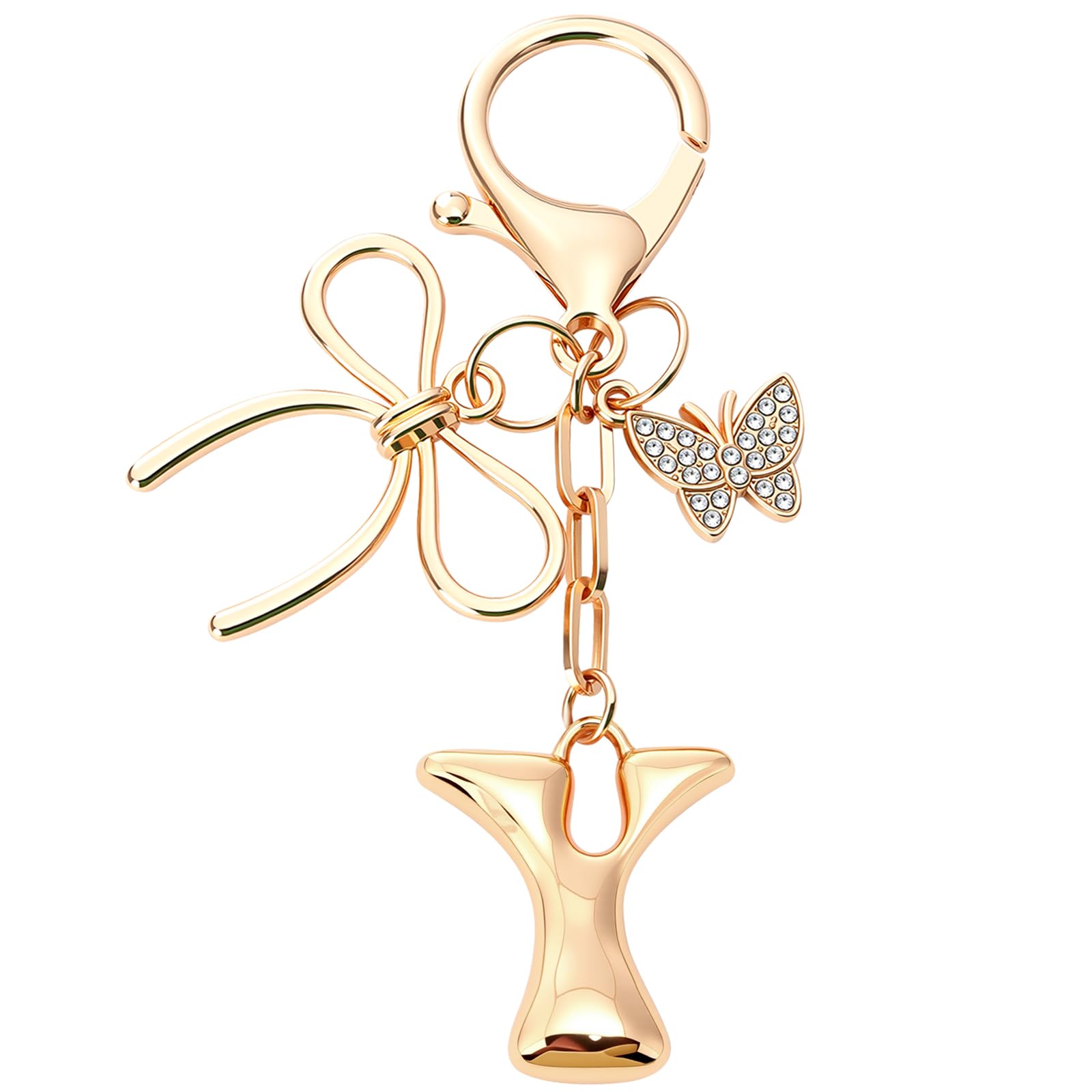 Sylixonae Bubble Initial Keychain with Bow & Butterfly - Gold Letter Bag Charms for Women, Cute Purse Handbag Accessories