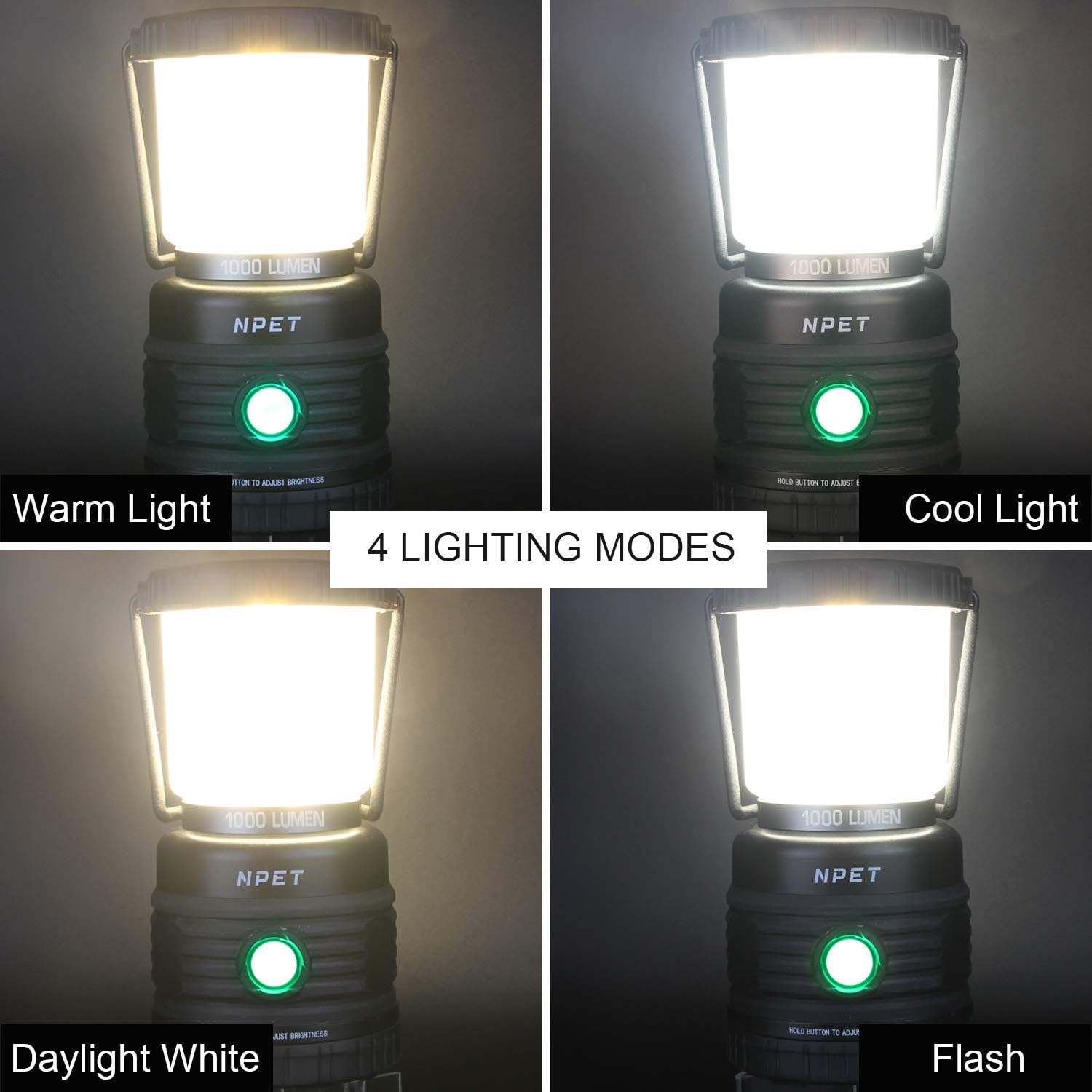 NPET LED Camping Lantern, Battery Powered, 1000 Lumen Dimmable Light Warm White, Daylight White, Cool White, Flash, 4 Lighting Modes Brightness Adjustable for Camping, Hiking or Fishing