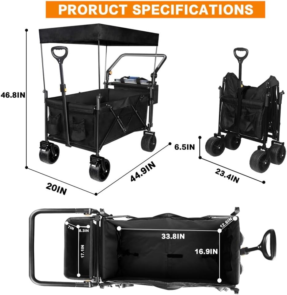 Foldable Wagon Cart with Removable Canopy, All-Terrain Heavy-Duty Collapsible Wagon for Camping, Beach, Garden & Shopping