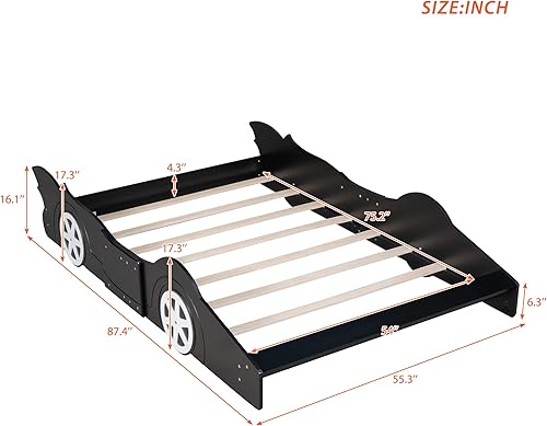 Miniatura 90 de Cama de plataforma en forma de auto de carreras con ruedas, cama de plataforma de madera tamaño individual con barandilla, cama de plataforma para