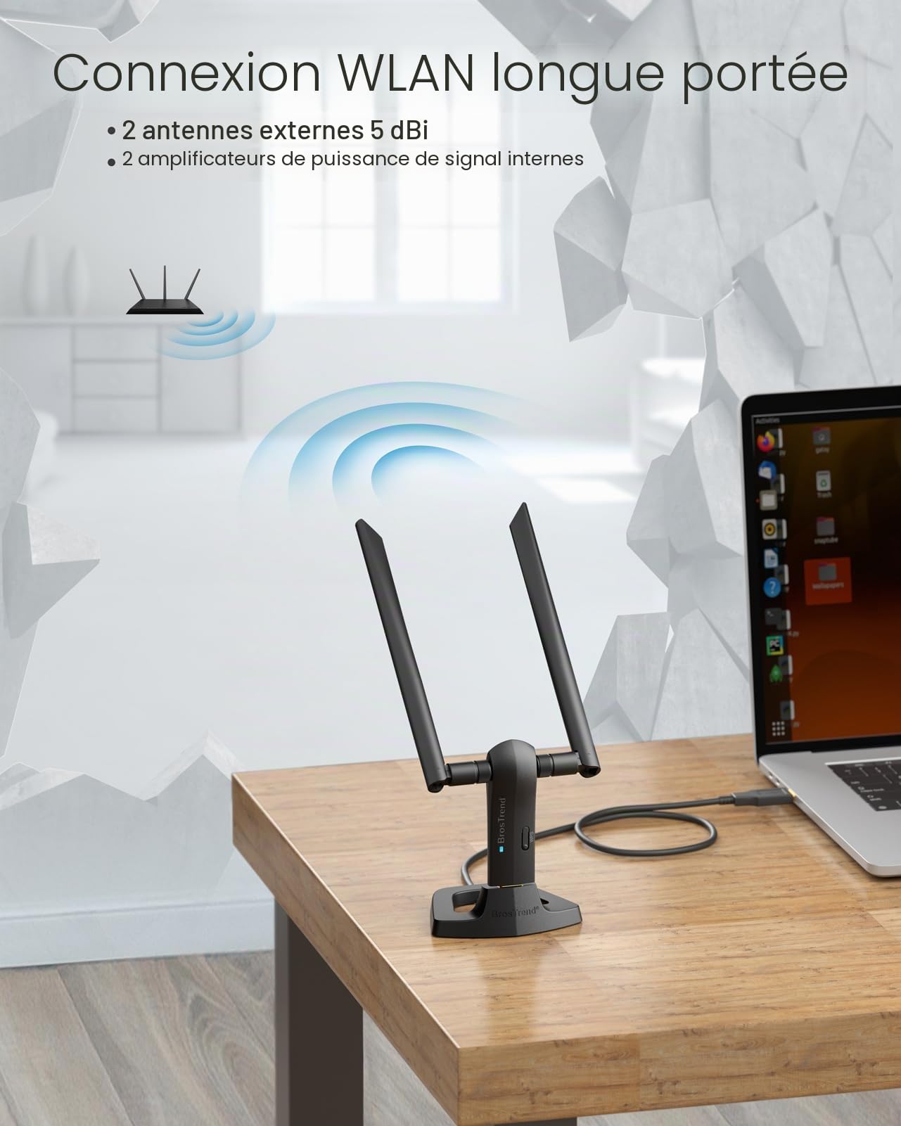 BrosTrend Clé USB Wi-Fi Linux 1200 Mbit/s pour Kali, Ubuntu, Mint, Debian, Lubuntu, Xubuntu, Mate, LMDE, Zorin, PureOS, Raspberry Pi 2+, Windows 11, 5 GHz+ 2,4 GHz, 2 antennes Wi-Fi 5 dBi, USB3.0