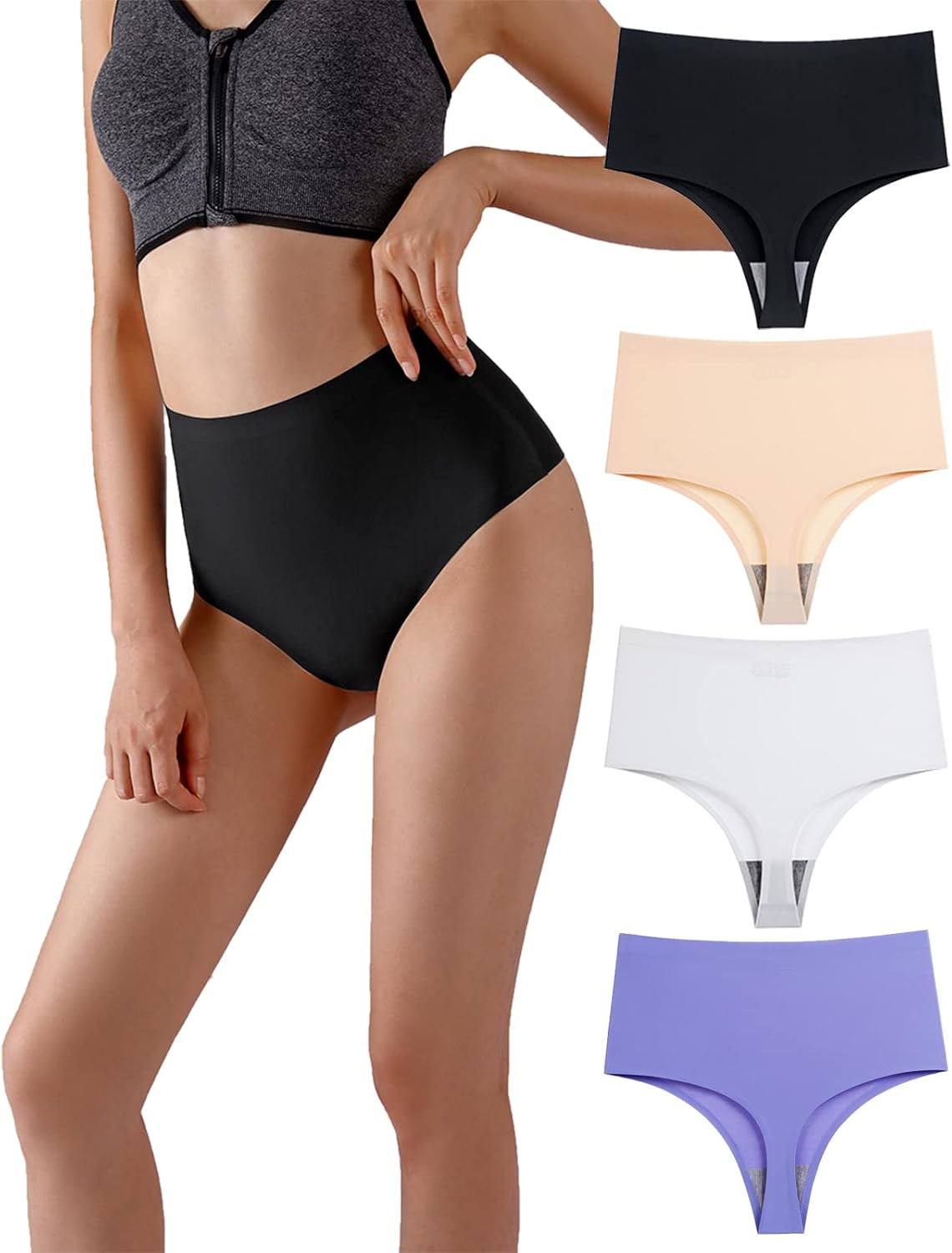 Wowdecor High Waisted Thongs for Women, Tummy Control Underwear Cotton Seamless No Show Plus Size Panties