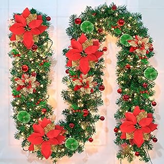 Timiyou Pre-lit Christmas Garland, Christmas Artificial Decoration Garlands, Christmas Rattan with Warm LED Lights, Red Flower and Red Ball, 9ft