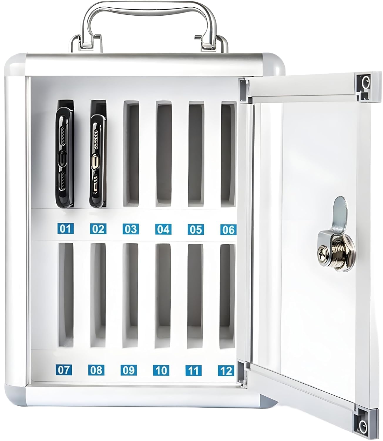 Decaller Cell Phone Storage Cabinet 12 Slot Aluminum Locker Box with Key Lock Handwritten Tags Wall Mounted Organizer for Classroom Office Dance Studio Silver-picture-20