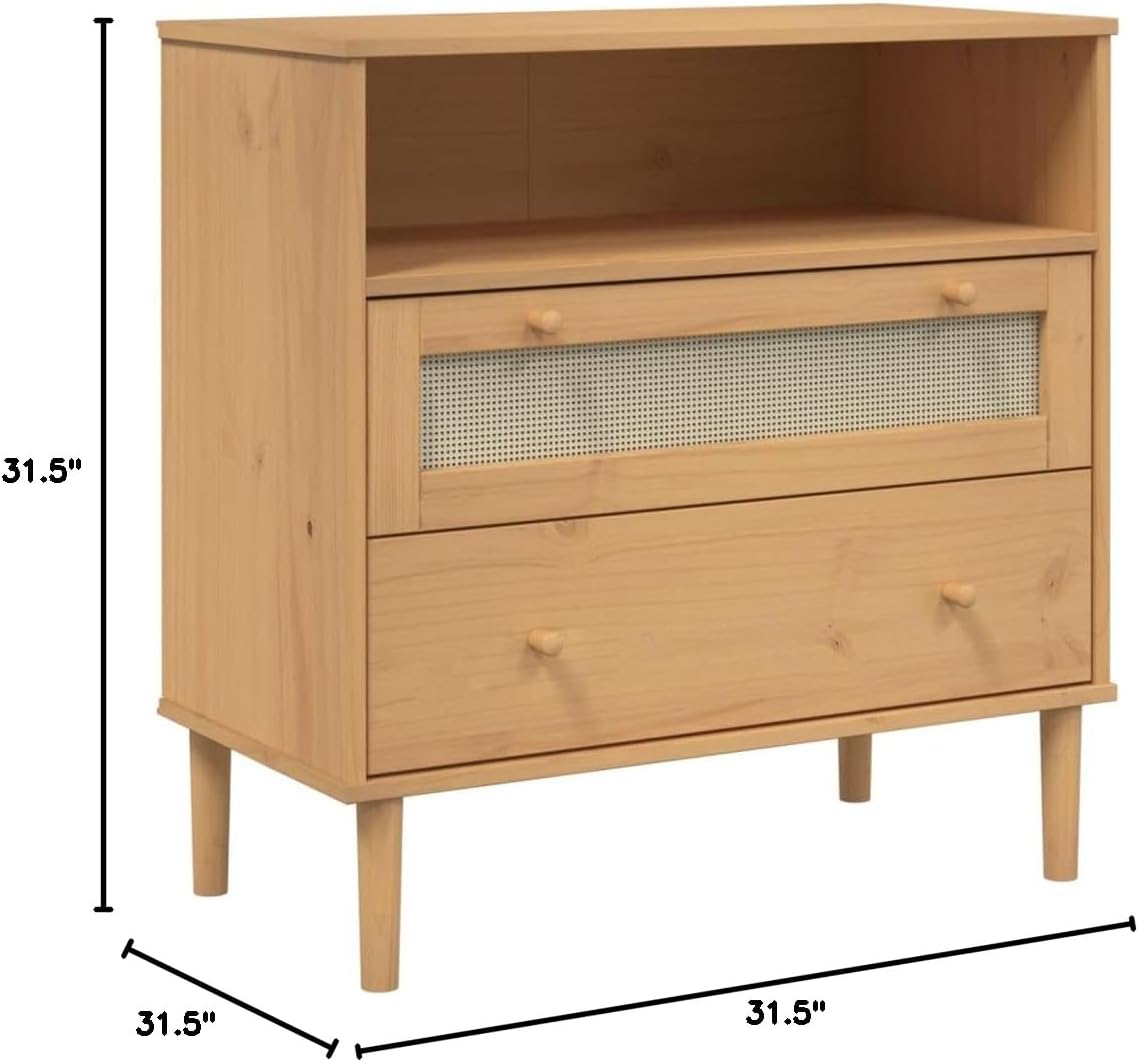 Solid Pine Wood Sideboard with Rattan Details in Warm Brown Finish, 3 Compartments and 2 Drawers for Ample Storage, Modern Bohemian Furniture for Living Room Hallway