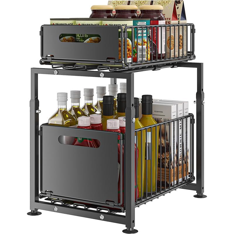Organizer per Armadio da Cucina con Altezza Regolabile, 2 Livelli, Organizer da Cucina Estensibile, Scaffale da Cucina, Piano di Lavoro in Metallo Sotto-Lavello per Bagno, Cucina (1, Doppio