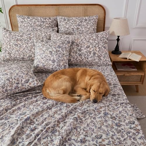 Image of FADFAY Beige Paisley Floral Bed Sheets Set 100% Muslin Cotton Double Gauze Sheets Queen Size Purple Leaves Printed Boho Sheets, Soft & Breathable Cooling Luxury Vintage Deep Pocket 17.5 inch