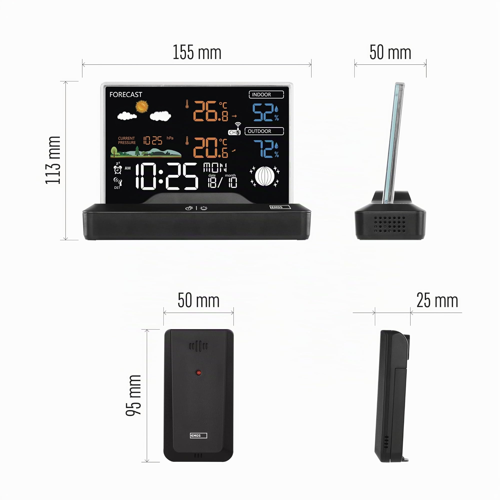 EMOS - Station météo radio sans cadre avec capteur extérieur - thermomètre, hygromètre, baromètre, prévisions météorologiques, mémoire - Horloge radio-pilotée avec réveil, calendrier - Double