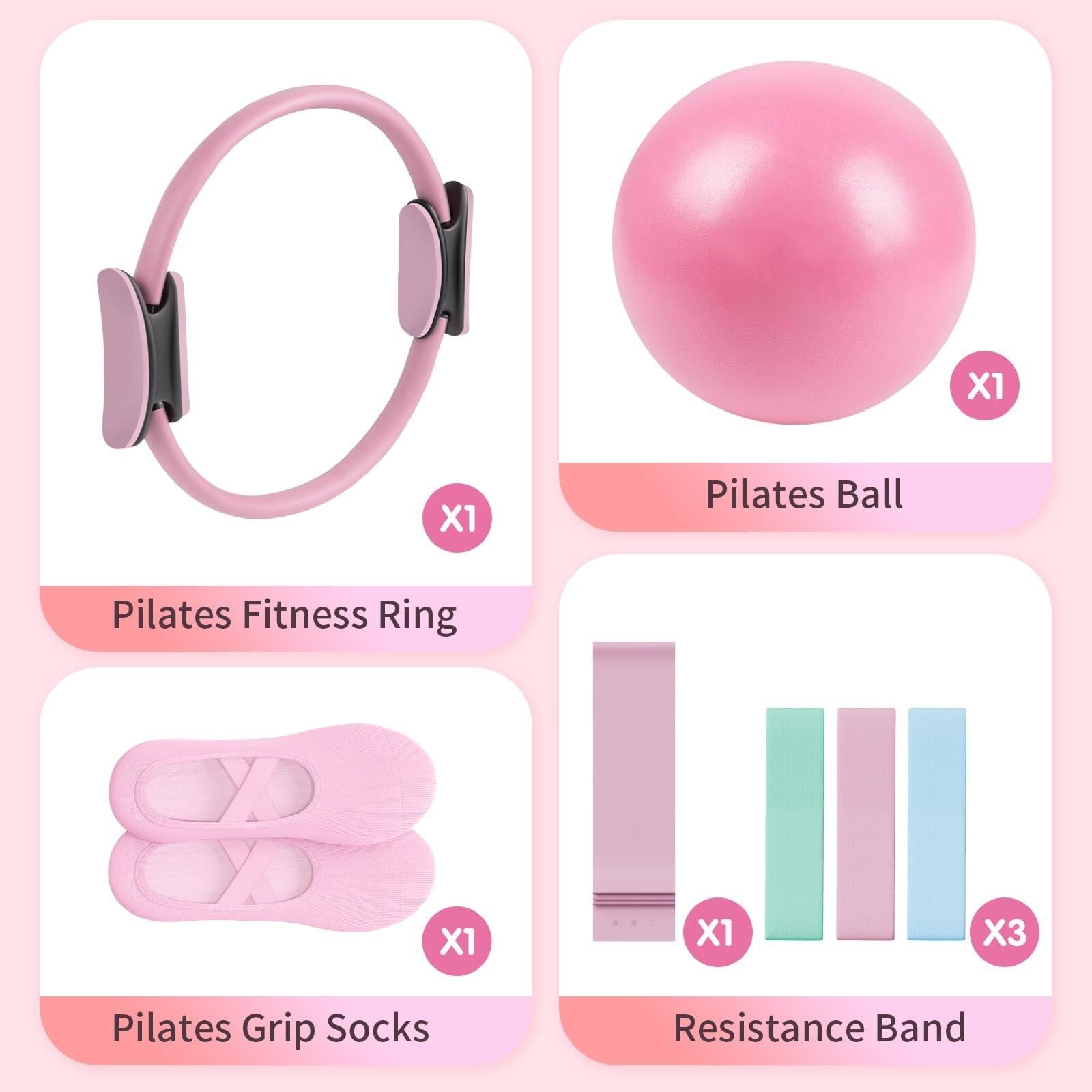 Generisch Pilates Essential Kit - Portable Fitness Equipment - with Toning Pilates Ring & Long Resistance Bands & Loop Bands & Soft Pilates Ball & Grip Socks, Pilates Set Zubehör