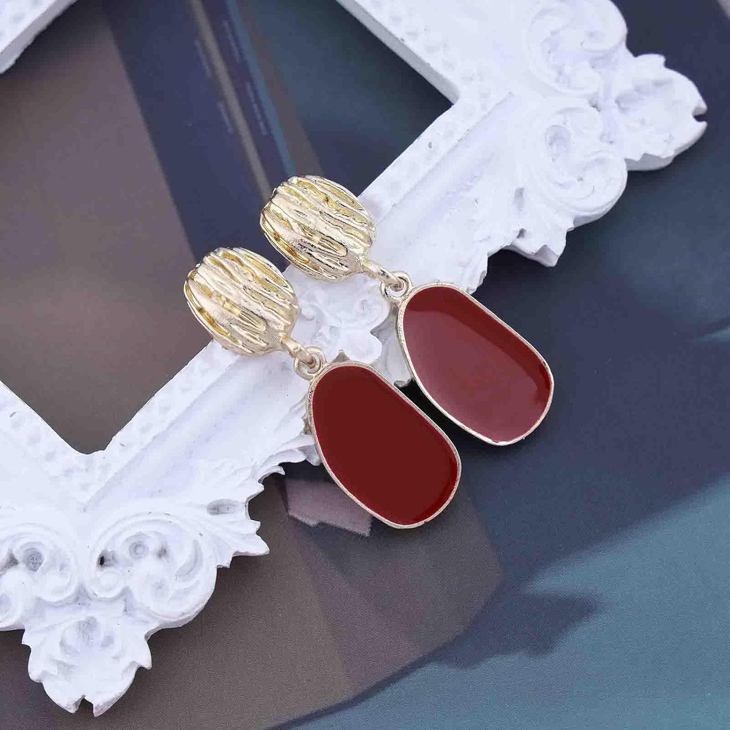 Vintage Oval Enamel Burgundy Earrings Gold Hammered Disc Stud Earrings Enamel Red Drop Earrings Irregular Burgundy Dangle Earrings Red Acrylic Geometric Earrings Jewelry for Women - Image 3