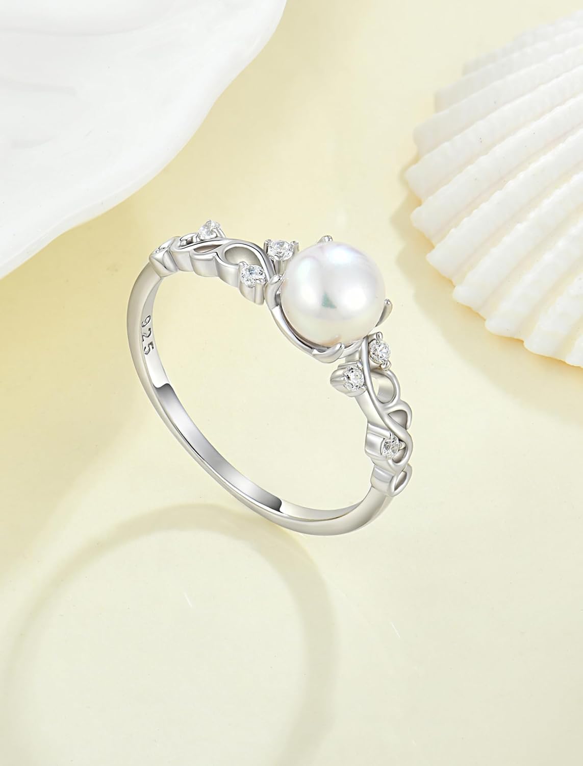 Pearl Rings for Women Sterling Silver,7mm Cultured Freshwater Pearl Engagement Rings Band Rings for Women
