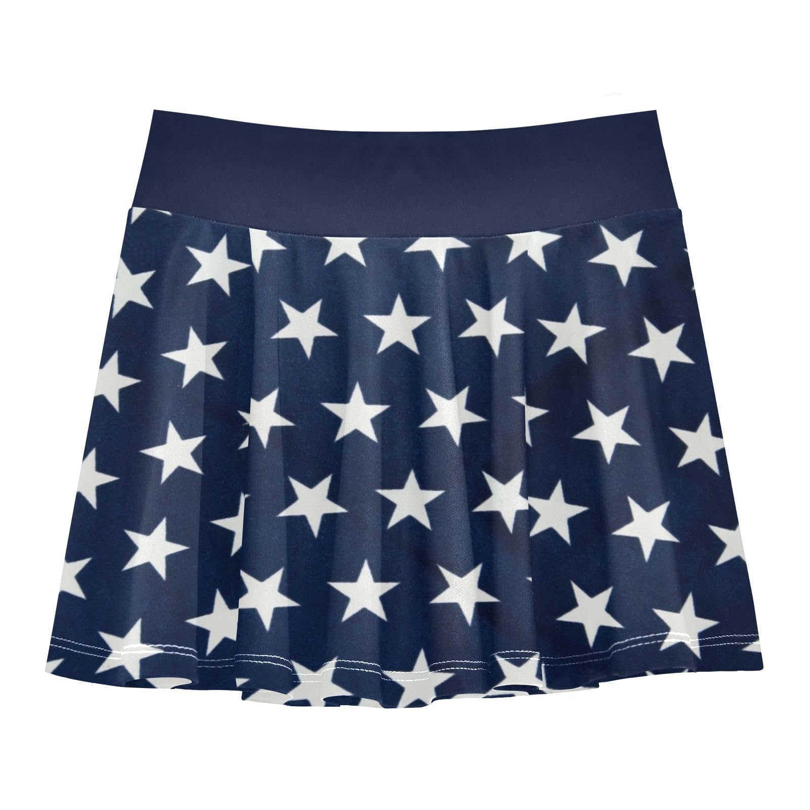 Aflyko 4th of July Flowy Cheer Skirt Patriotic Navy White Star Athletic Skort Comfortable Fit Holiday Festive Outfit Party Dress Beachwear Sportwear Everyday Bottoms,7-8Y