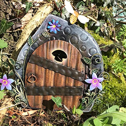 Animal Crackers Metal Fairy Door with Brown Door nd pink flowers garden ornament fairy wood lover decoration