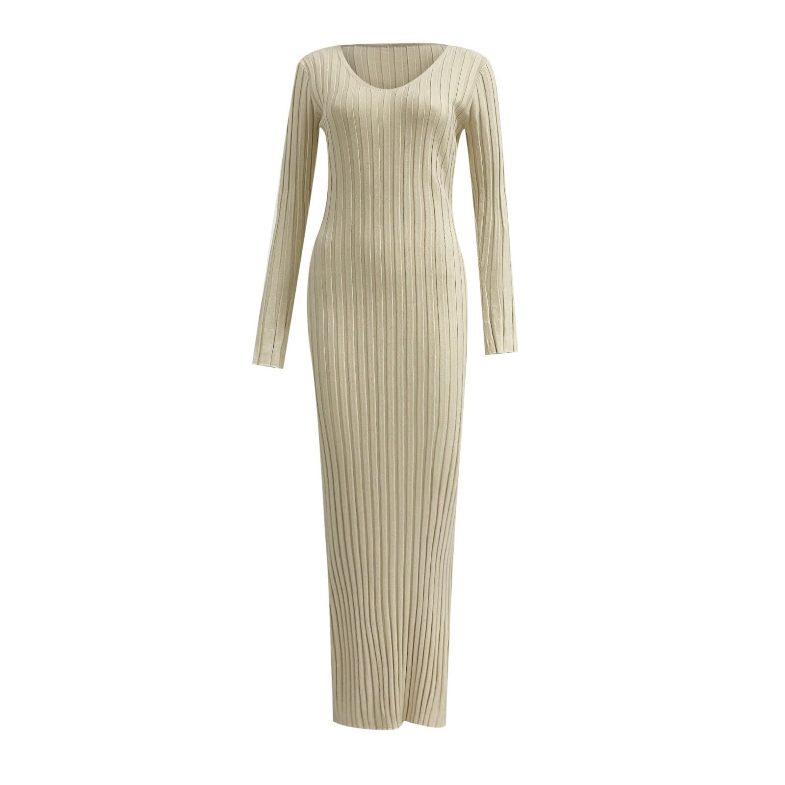 Elegante vestido largo de punto con cuello alto, estructura acanalada, diseño entallado, adelgazante, casual, con ajuste en la cintura