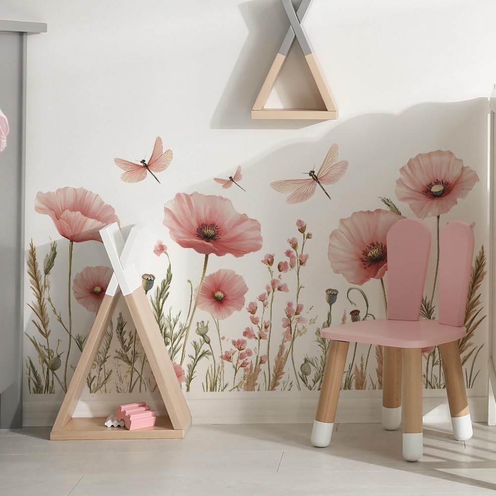 Esmee Wall Stickers Pink Floral Flower Dragonfly Peel and Stick Wallpaper for Art Decoration, Children's Bedroom, Bathroom, Living Room
