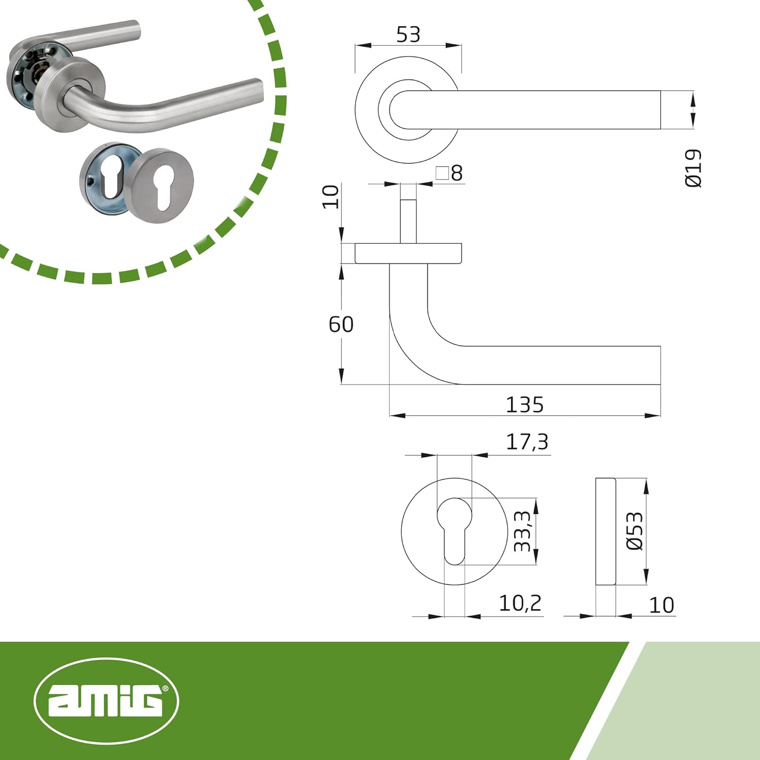 Technical drawing with dimensions for the Amig 4RBX door handle and rosette.