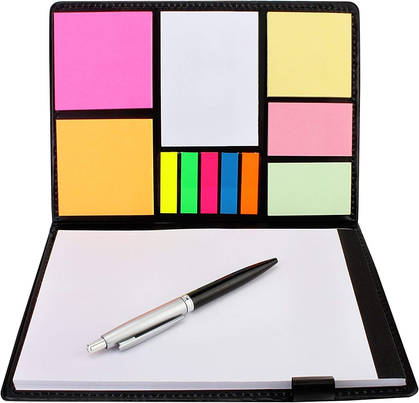 Faux Leather 12 in 1 Large Size Memo Notebook Notepad with Multi Size Sticky Notes and Ballpoint Pen Diary Style