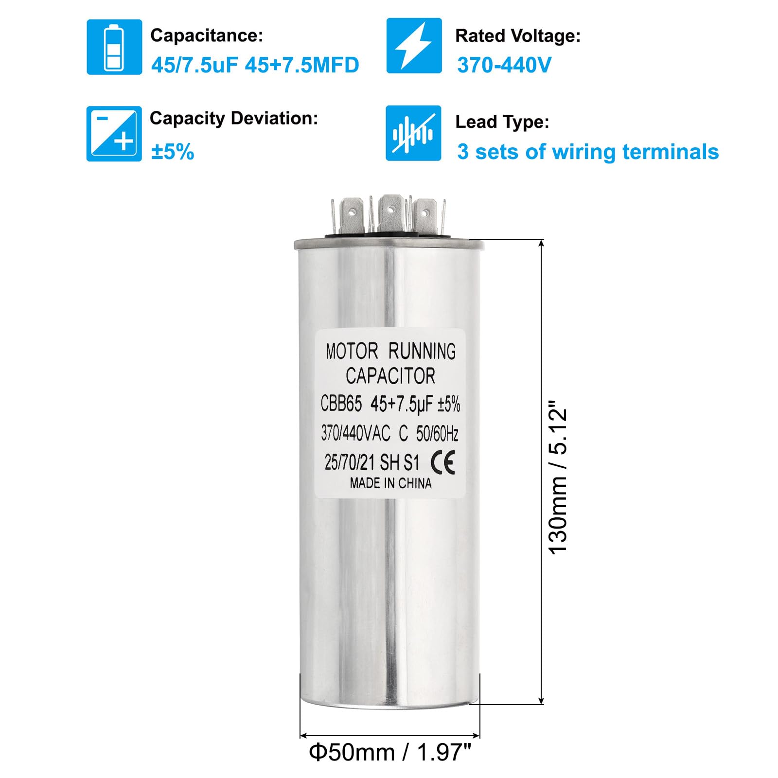 PATIKIL 45/7.5uF 45+7.5MFD 370-440V AC Condensador, 10 Piezas CBB65 Condensadores Arranque Motor Condensador Doble O Bomba Calor