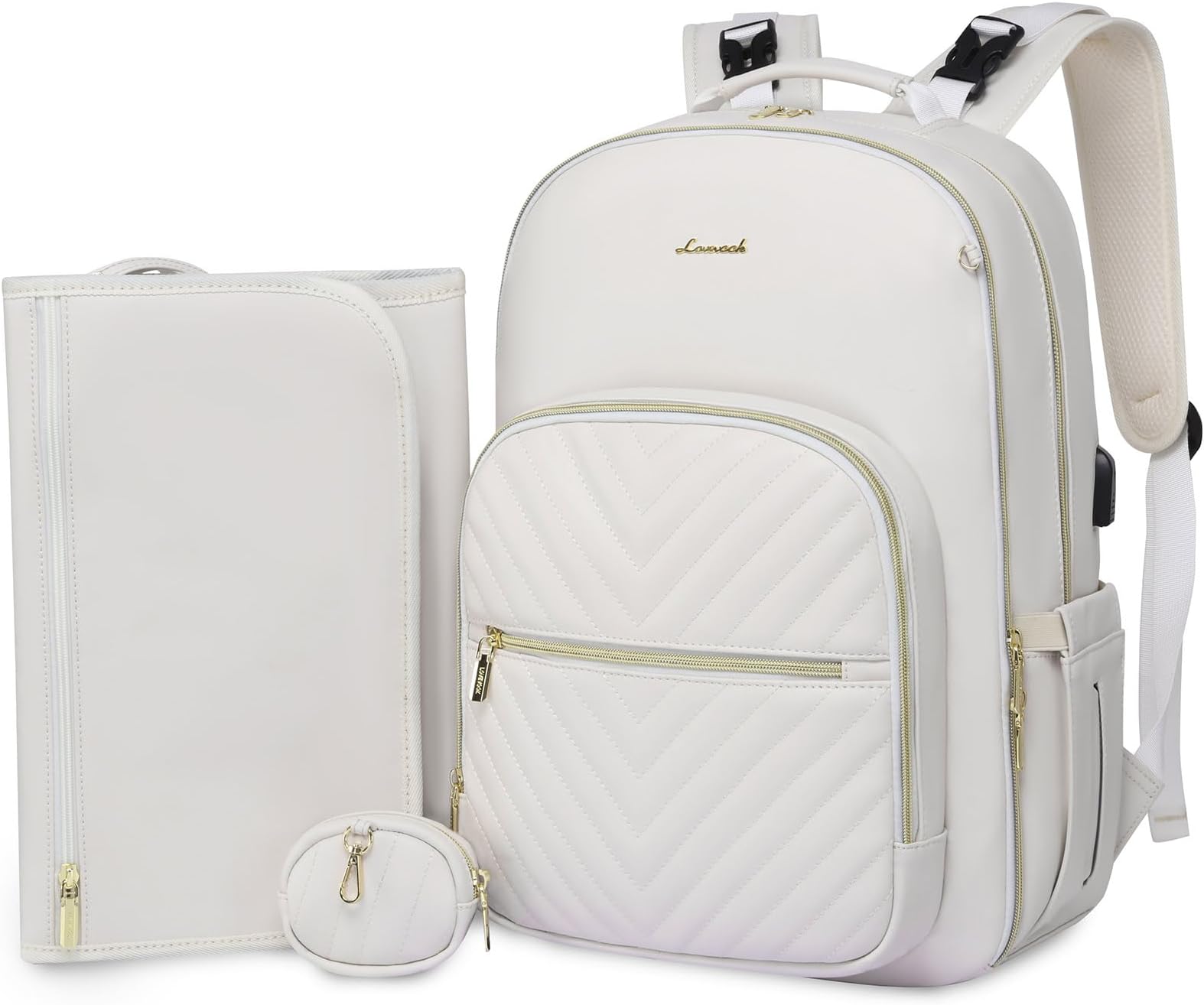 LOVEVOOK Leather Diaper Bag Backpack, Quilted Baby Bag with Changing Pad & Pacifier Holder, Waterproof Travel Diaper Bags for Baby Boys Girls, Stylish and Large Capacity, Beige