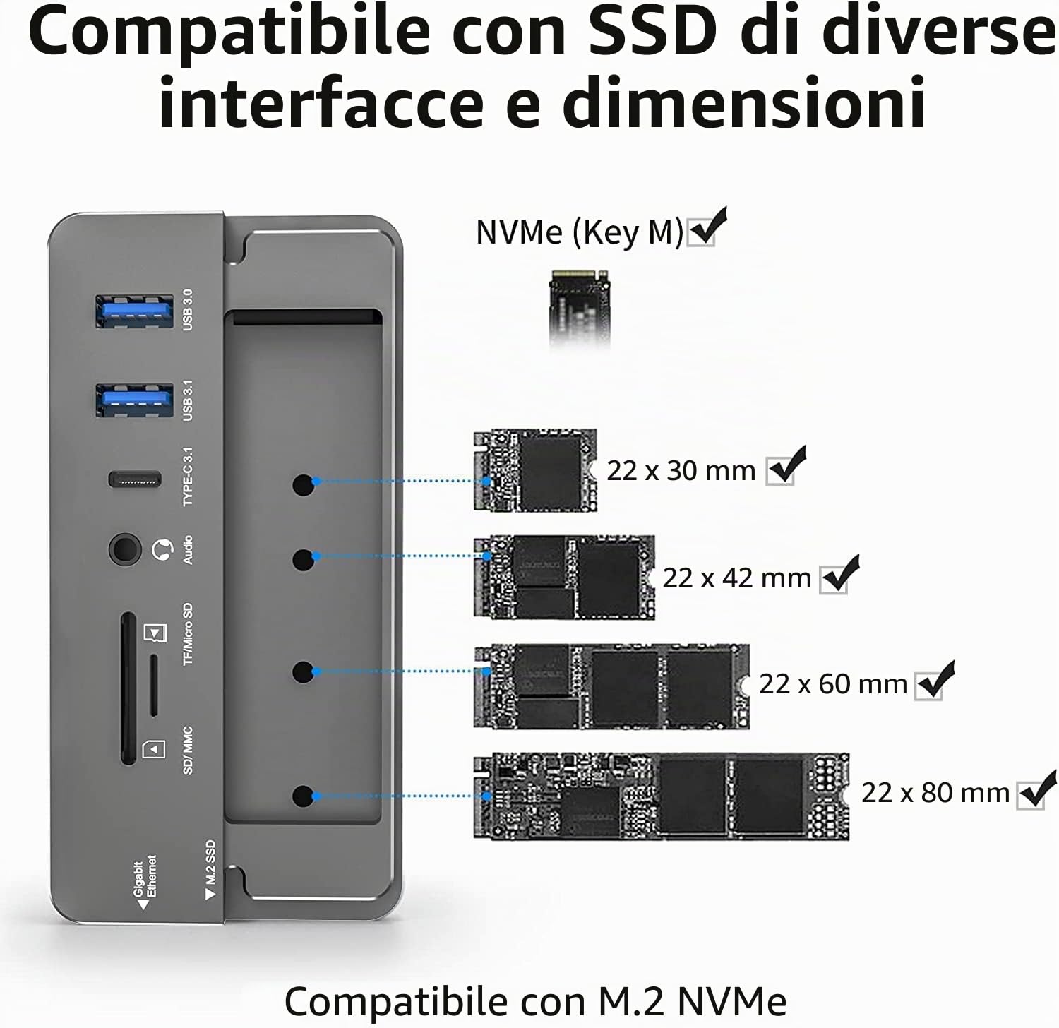 Hub USB-C con Custodia per Disco Rigido, Adattatore hub USB C 10 in 1 con Custodia per Disco Rigido Esterno SSD M.2, HDMI 4K, USB 3.0, Lettore di Schede SD/TF Compatibile con Laptop, IPad (Grigio)
