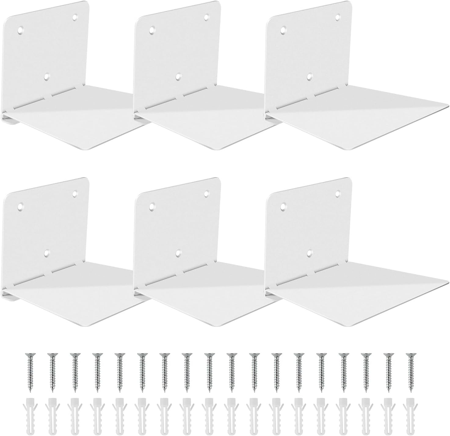 FENTEC Floating Book Shelves for Wall, Wall Mounted Invisible Floating Bookshelf, Heavy-Duty Hanging Bookshelves, Hidden Book Shelf Metal Wall Book Holder for Bedroom Home Office, 6-Pack White White 6 Pack