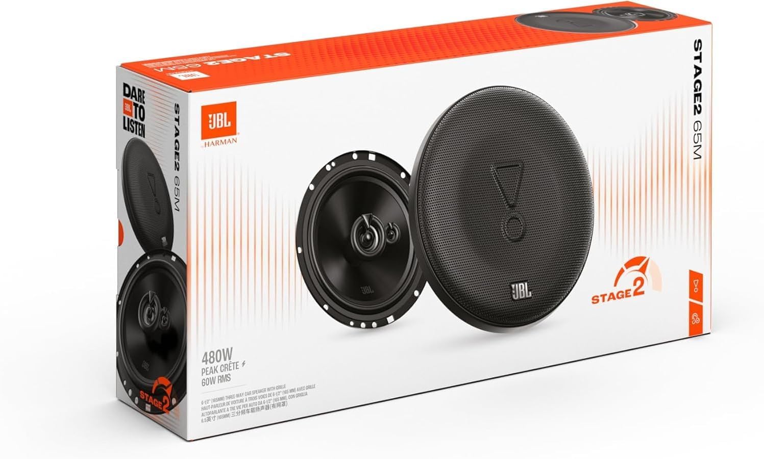 JBL Stage2 GEN2 65M - 6,5 cala (165 mm) 3-drożne głośniki samochodowe - 60 W RMS - szczyt 240 W - konfiguracja potrójnego sterownika - OEM Fit Audio - z kratkami - łatwa instalacja - para