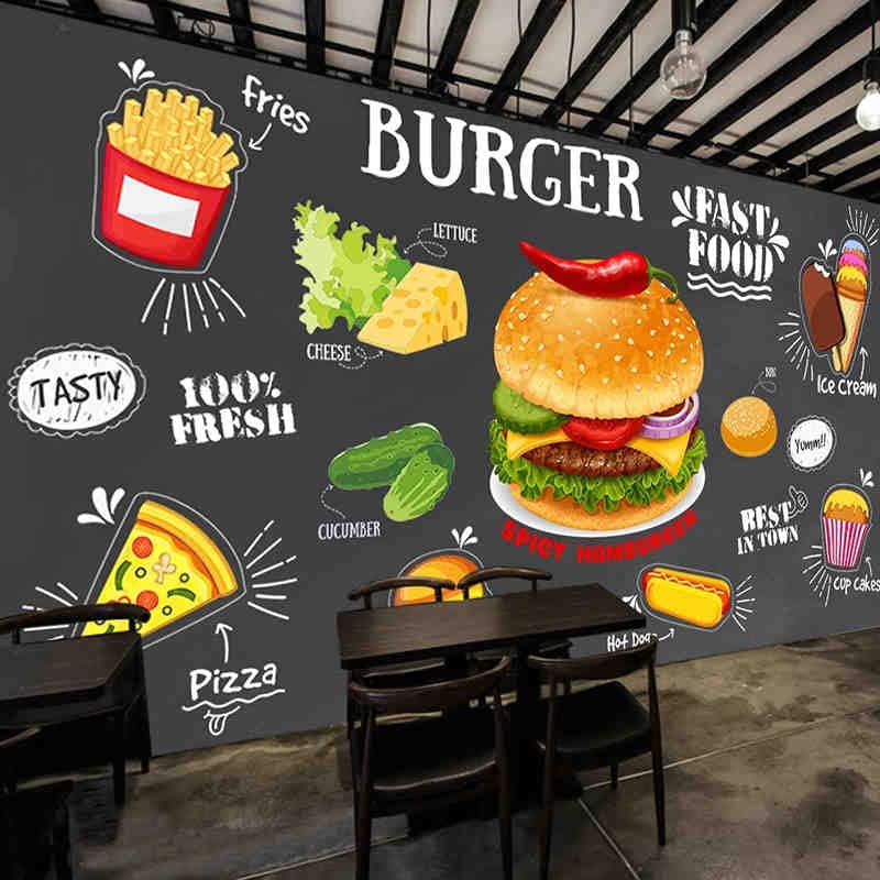 Papel pintado personalizado Retro pared negra pollo frito hamburguesa cartel gourmet restaurante cocina foto pared Mural Papel De pared 3D