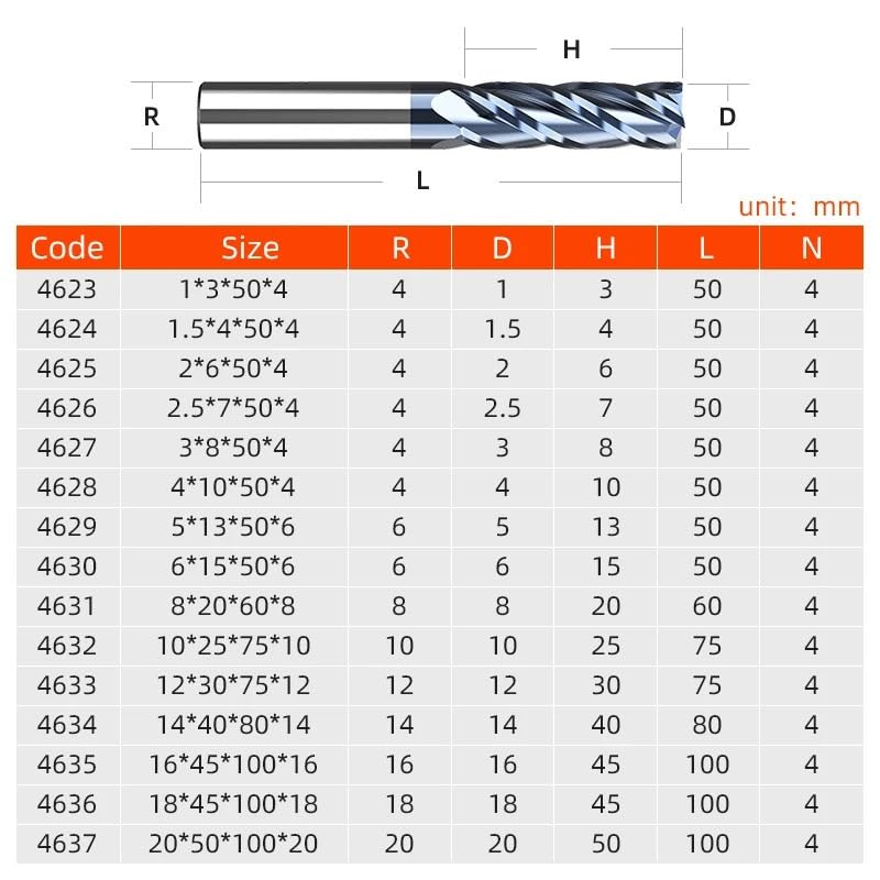 Fresa profesional de carburo, 4 flautas, revestimiento TiAIN, HRC45, CNC, máquina herramientas Metal, 1 ud(4626)