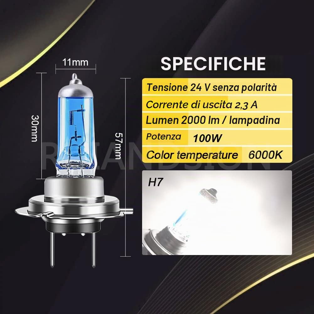 Ruiandsion 2pcs H7 alogena faro lampadina fendinebbia 100W 24V Xenon bianco 6000K lampadine