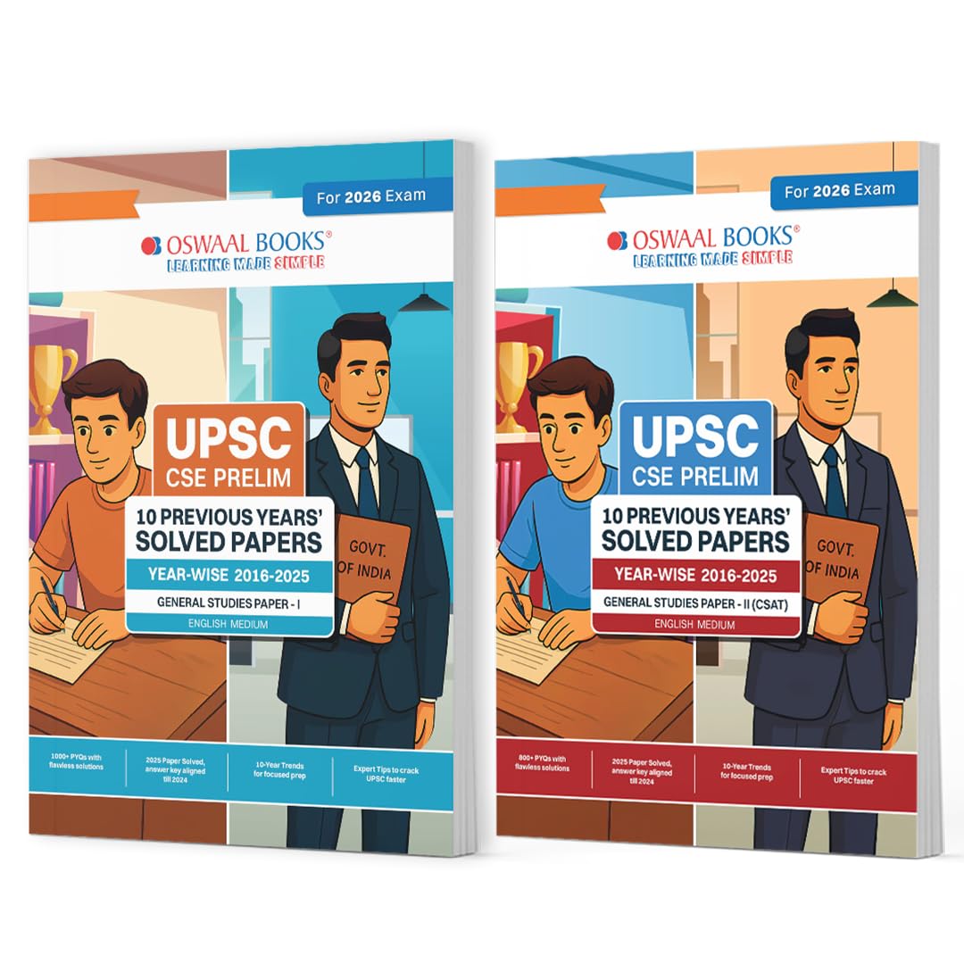 Oswaal UPSC CSE Prelims 10 Previous Years’ Solved Papers | General Studies | Paper I & II | Year-Wise 2016-2025 | English Medium | Set of 2 Books | For 2026 Exam