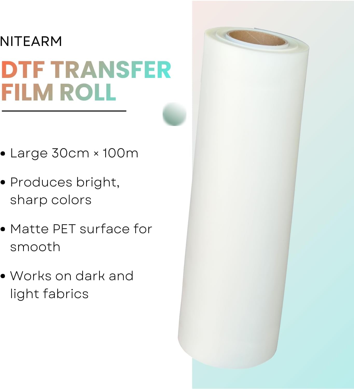 DTF Transfer Film Roll PET Cold Peel Matte Sheet for Direct to Film Printing Durable Printer Media Compatible with Multiple Systems with Clear Coating Support (30cm x 100m)