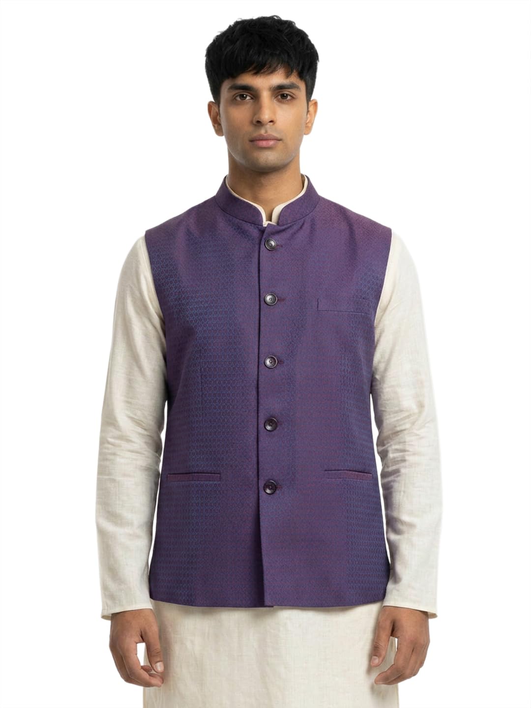 Men Regular Fit Dobby Pattern Poly Wool Blend Mandarin Collar Sleeveless Festive Bundi-picture-52