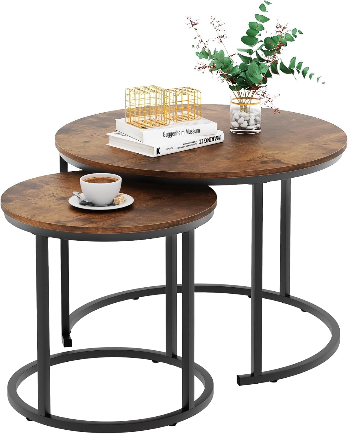 SKY-TOUCH Round Coffee Table Set of 2, Multi-functional Side Table Nesting Table with Steel Frame and Wooden Top, for Living Room, Bedroom, Balcony, Dark Walnut, Easy Assembly, 80x45cm & 60x35cm