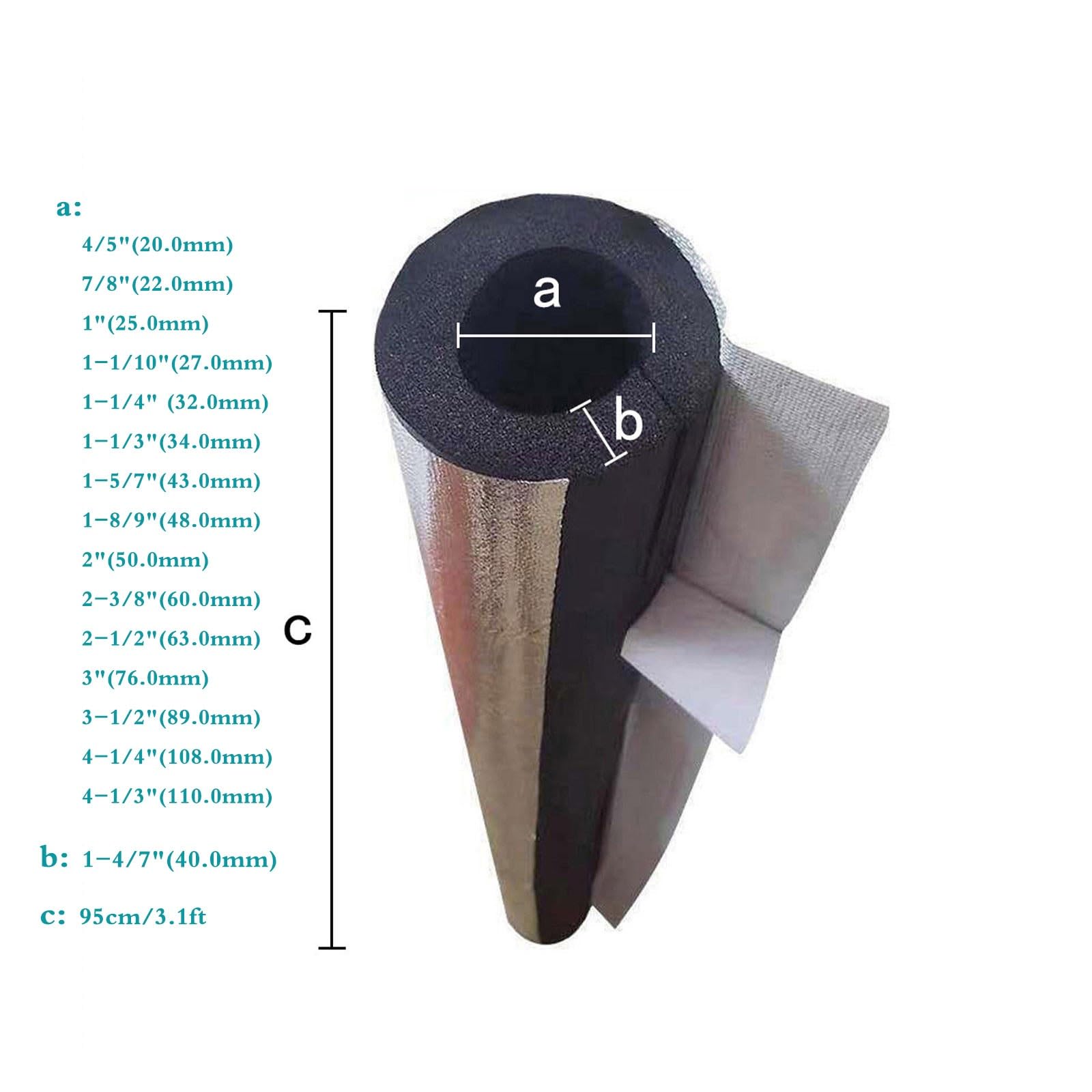 Tubo Isolante Autoadesivo Semiaperto Isolante per Tubature Tubi In Foglio di Alluminio Autosigillante per Tubo Isolante Protezione Solare ID 20.0-110.0mm, Lunghezza 95cm, Spessore 40.0mm(ID4-1/3"(110.