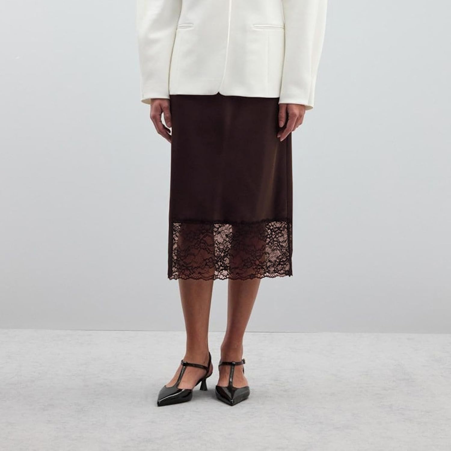 Women Silk Satin Half Slip Long Skirt Y2k Lace Trim Ruffle A Line Underskirt Elastic Casual Waist Under Dress - Image 3