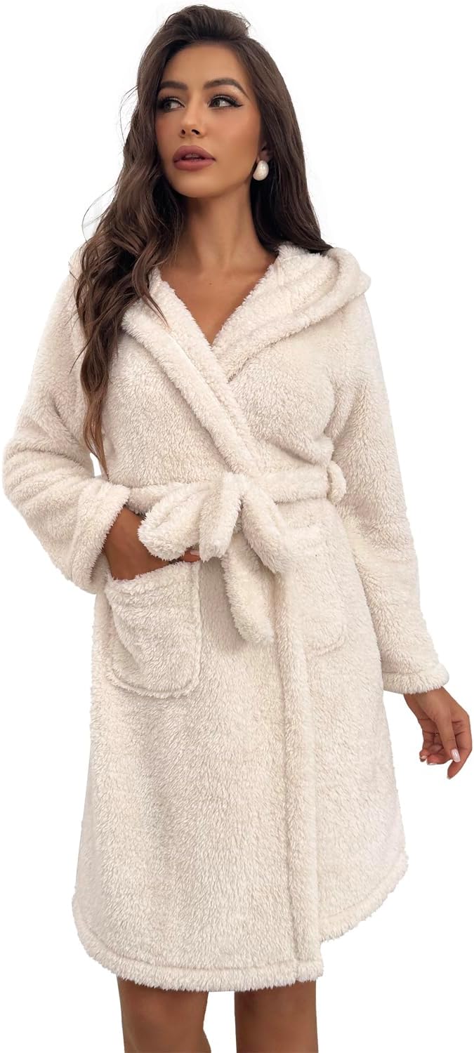 Plush Robes For Women, Cozy Fuzzy Robe Hooded Bathrobe Nightgowns Cute Sleepwear Loungewear