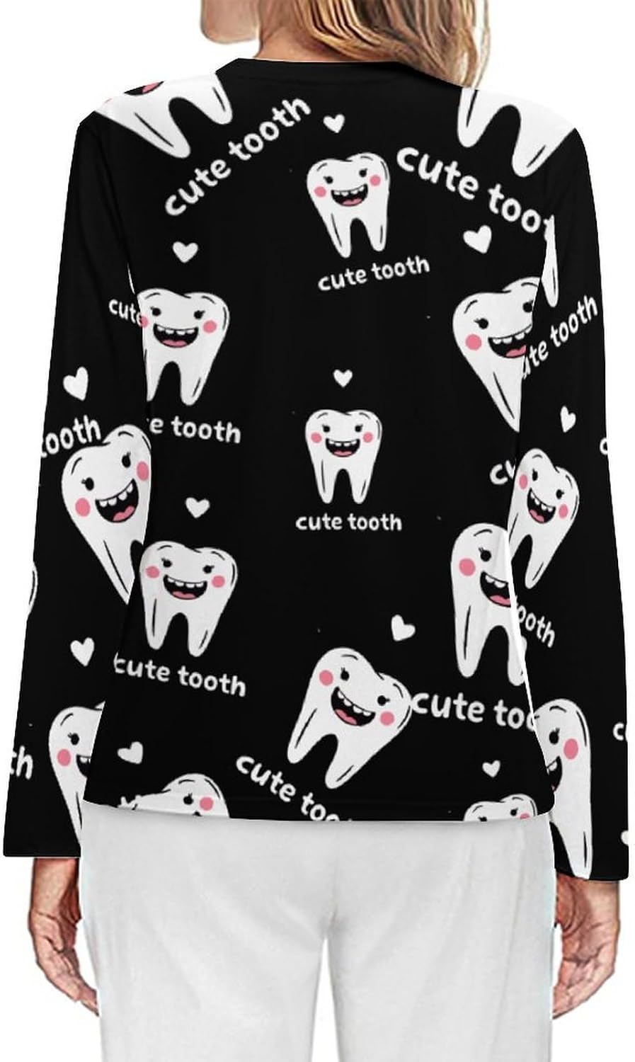 Cute Tooth Women's Pajama Top Sleepwear Pajamas Sleep T-Shirt Long Sleeve Shirt Crewneck Tee