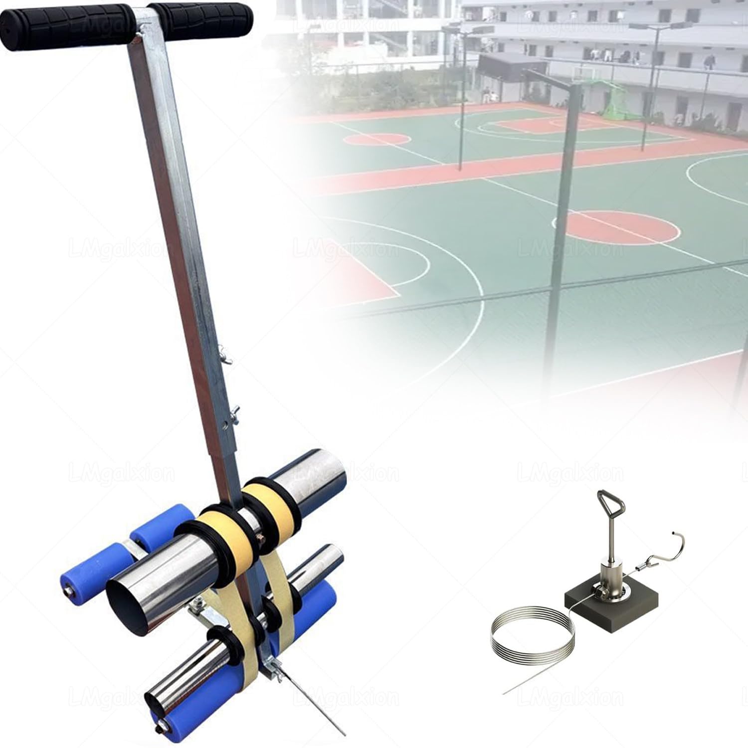Aplicador manual de cinta para marcar cancha de baloncesto y rayas de estacionamiento, anchos de línea ajustables y radio de hasta 7 m, herramienta de rayas para campos deportivos