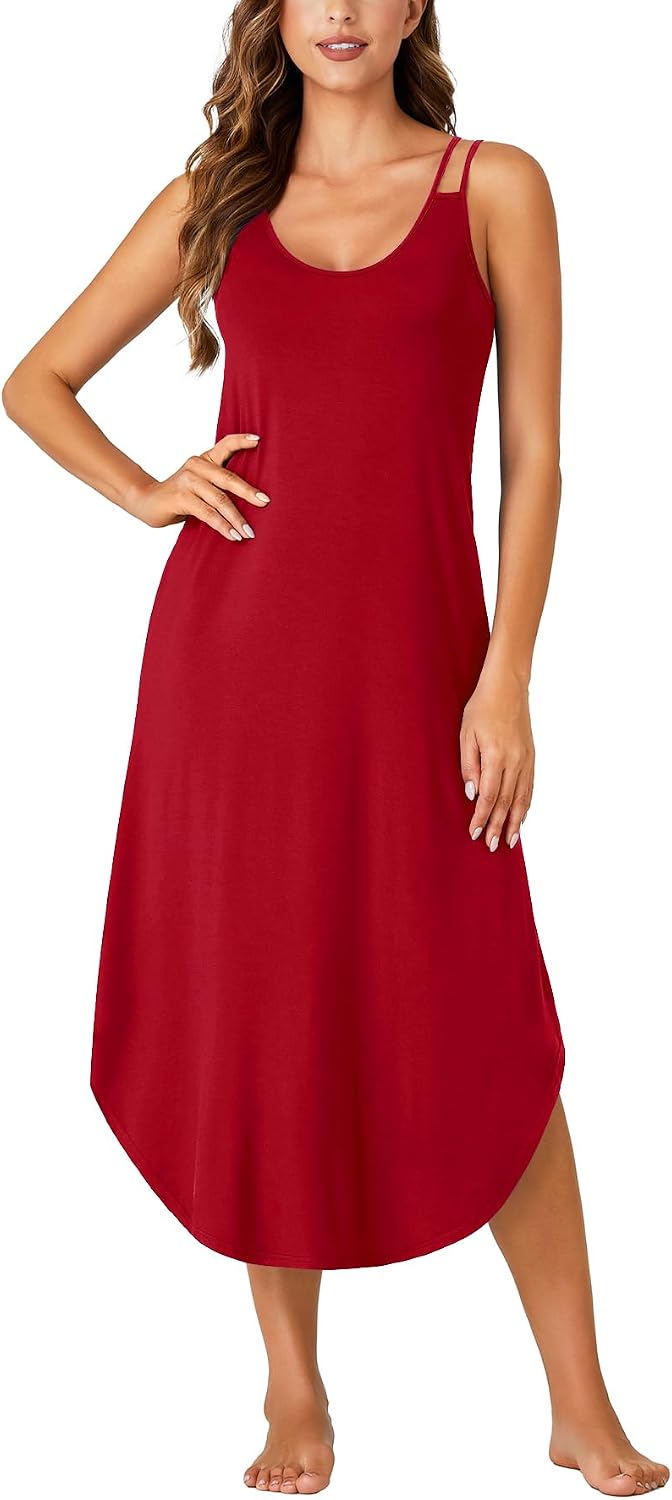 Vrtige Women's Spaghetti Strap Round Neck Sleeveless Nightgown Long Nightdress with Pocket