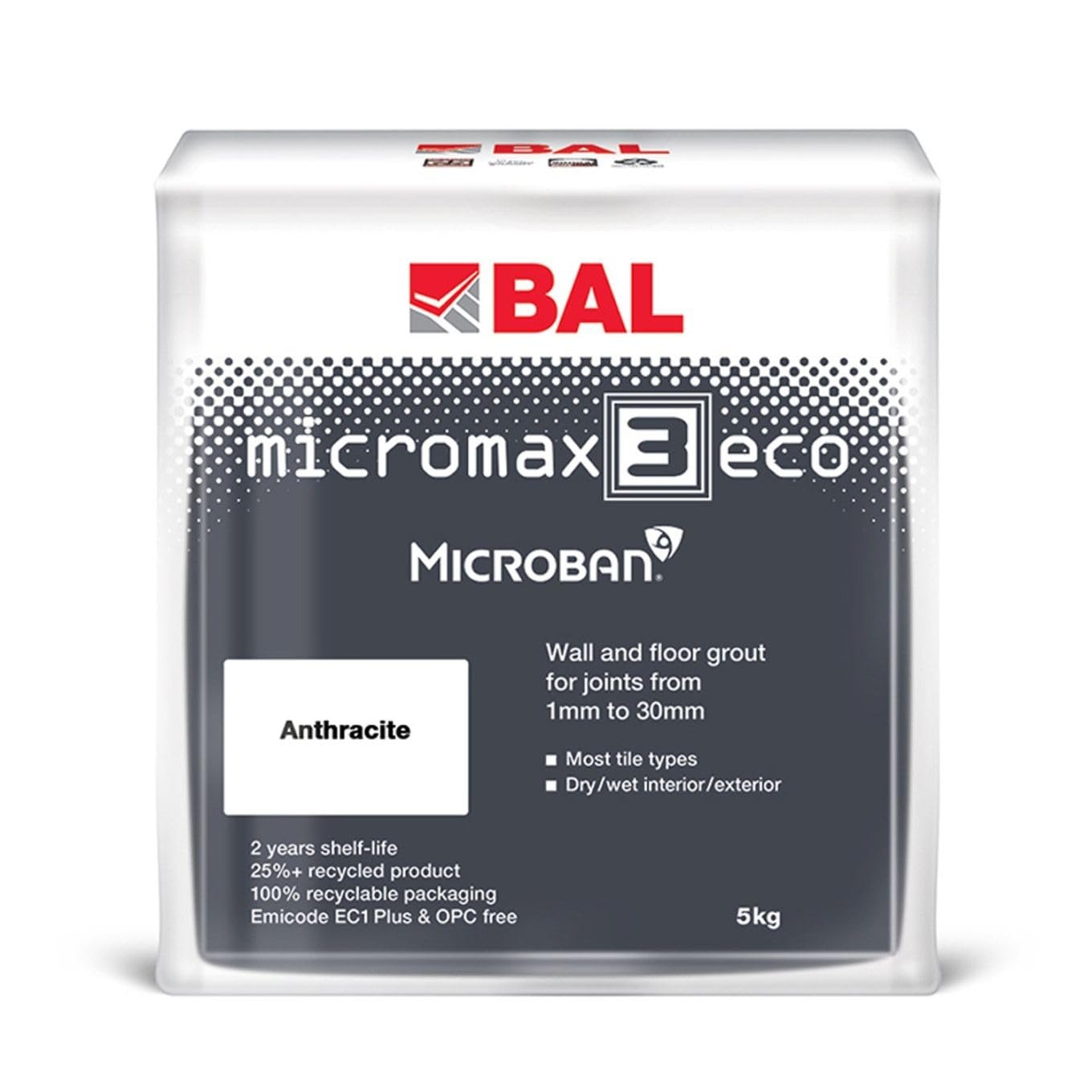 Bal Micromax3 Eco Grout Wall & Floor Grout, Rapid Set, Antimicrobial, Suitable For Interior & Exterior 5KG Bag -Anthracite