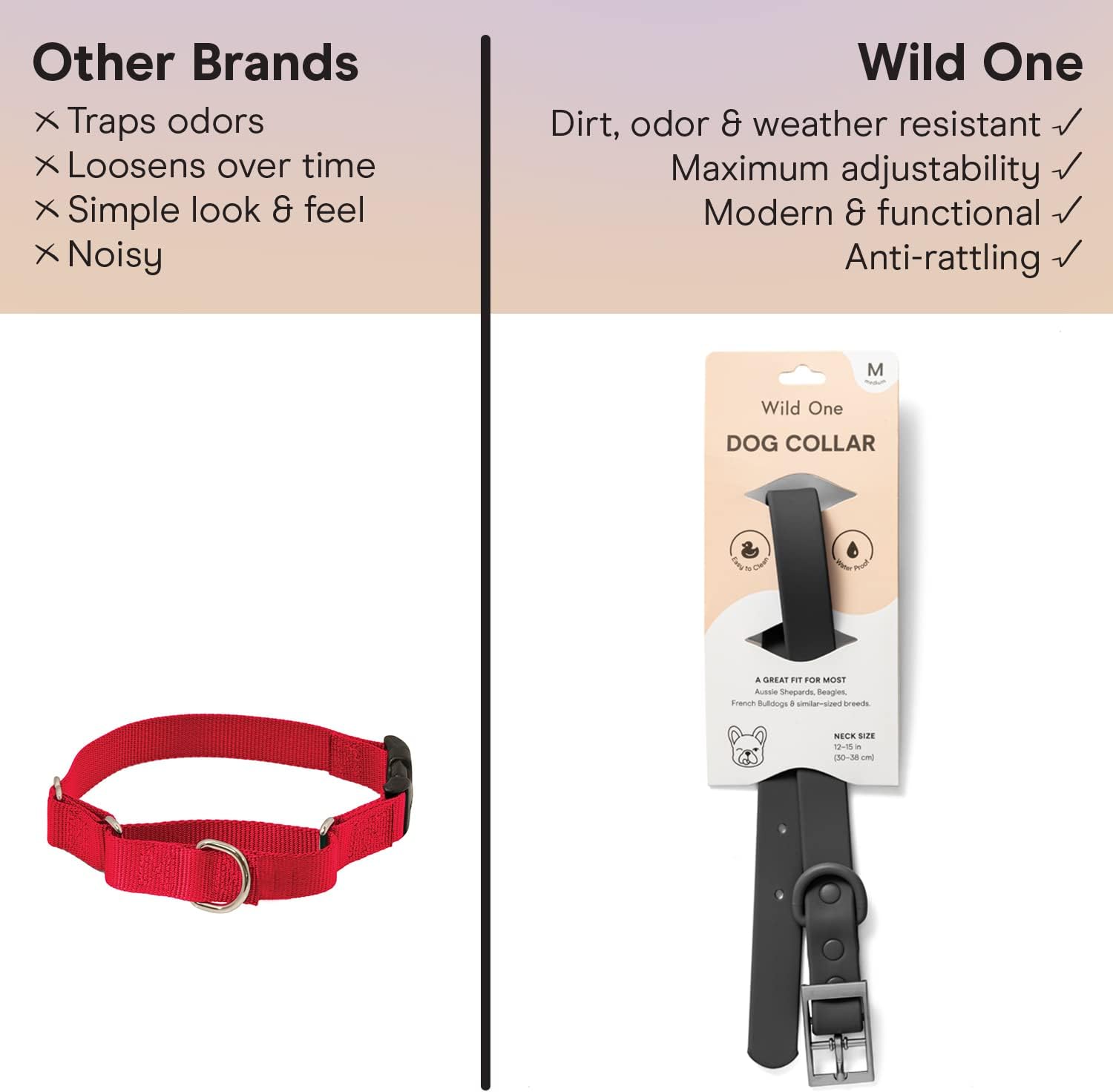 Wild One Dog Collar, Easy-Clean, All Weather Flex-Poly Strap with Metal, Durable, Dirt and Odor Resistant (Black, L)