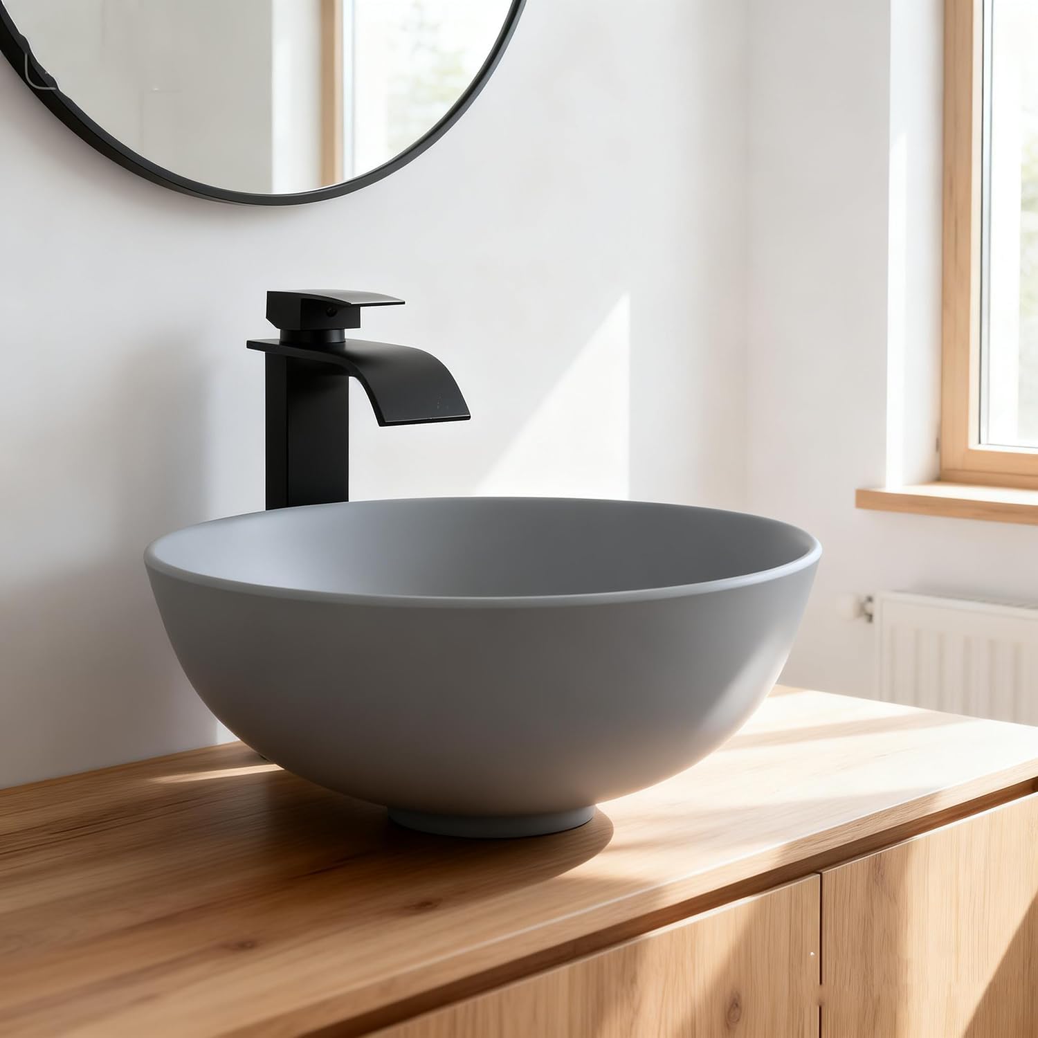 Small Bathroom Vessel Sink with Pop-up Drain 13 Inch Round Gray Resin Basin Bowl Above Counter Sink Bowls For Vanities Modern Bathroom Bowl Sinks