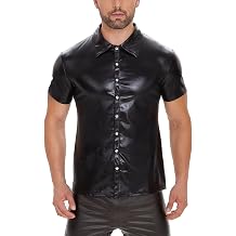 Men Shiny Patent Leather Shirt, Short Sleeve, Plus Size, Sexy Soft Coat for Male, Black