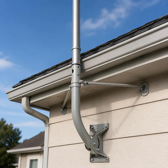 Heavy Duty Adjustable Antenna Mount Pole with Bracket, 17.25 Length, 1-11/16 OD, Universal Roof/Eave/Wall Mount with Dual Reinforced Support Braces