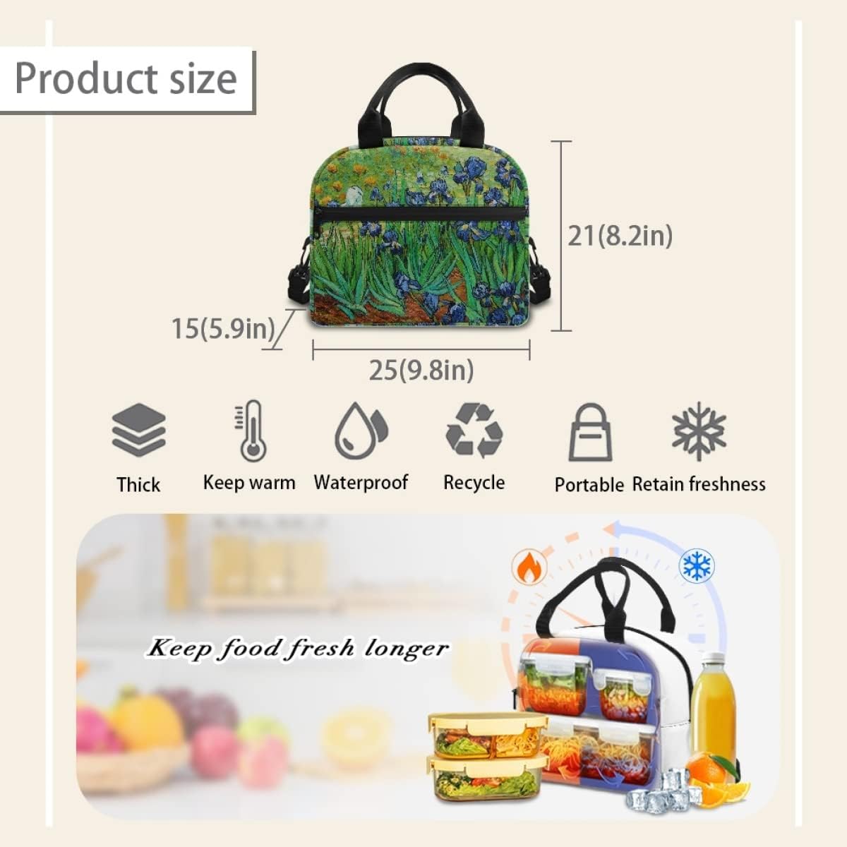 ENLACHIC Van Gogh Van Gogh Irises Lunch Bag Container Insulated Zipper Durable Waterproof Cooler Lunch Box Tote Bag for Women Men Work School Picnic Outdoor