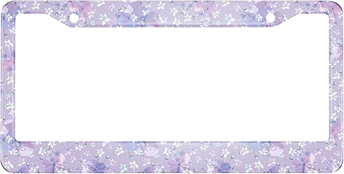 Swono Floral Purple License Plate Frame Purple Flowers with Buds and Small Light Blue License Plate Cover Aluminum Metal License Plate Holder Frame for Women Men Auto Decoration for US Car/Truck