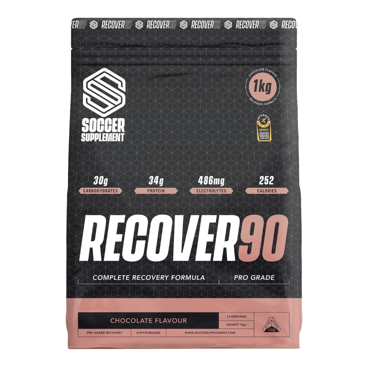 Soccer Supplement Recover90® Complete Recovery Protein Powder Shake 1kg, 30g Protein Isolate, 31g Carbohydrate, 487mg Electrolyte, Chocolate Flavour
