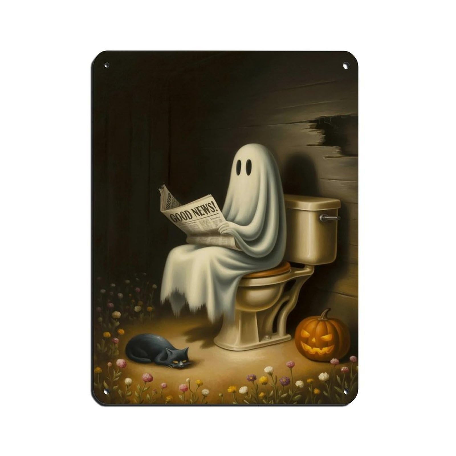 Ghost Reading A Newspaper on Toilet Poster (4) Tin Sign Vintage Metal Pub Club Cafe Bar Home Wall Art Decoration Poster Retro 12x16inch(30x40cm)