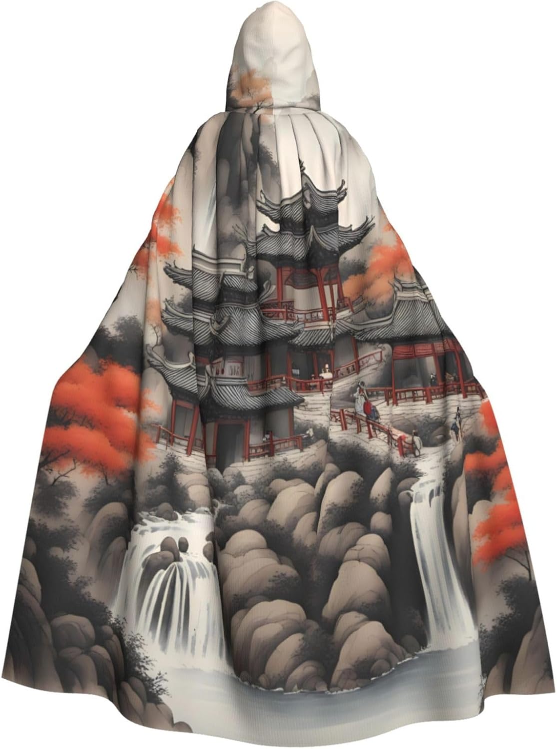 Unisex Full Length Hooded Halloween Christmas Party Robe Cloak Cape Cosplay Costume Men Women Beautiful Landscape Painting1 Prints Black