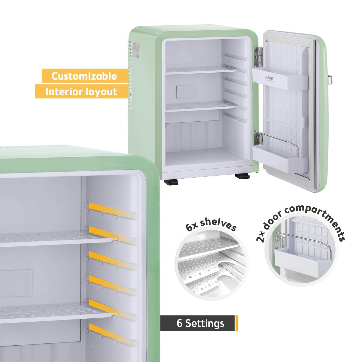 TZS First Austria - Retro Mini Fridge 40L - Silent Operation - Vintage Minibar for Bedrooms & Offices - Mint - 5